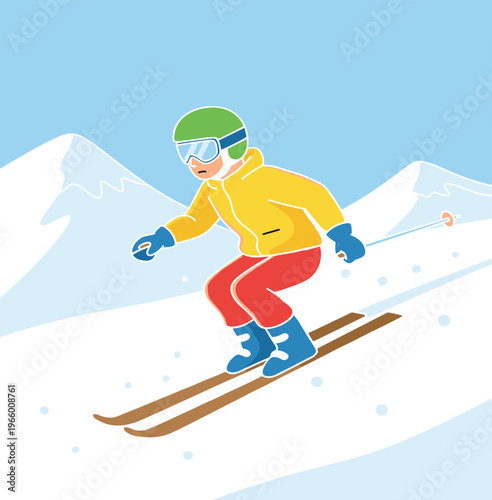  Young male skier in yellow jacket and red pants skiing down snowy mountain slope with blue sky background, winter sports illustration,