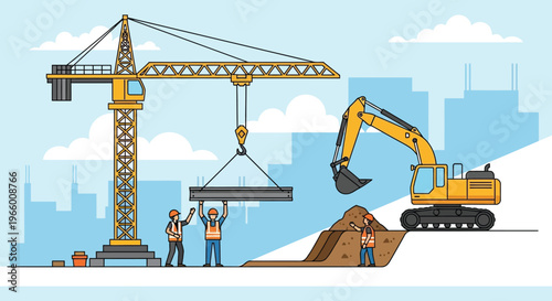 Construction site featuring a tower crane excavator and workers with a cityscape backdrop a striking silhouette high quality professional detailed