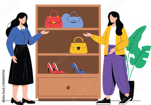 Two stylish women shopping in luxury boutique choosing designer handbags and high heels from minimalist display shelf vector illustration