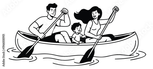 Cartoon illustration of a family canoeing depicting parents and child paddling together for outdoor and recreation design