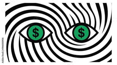 Flat illustration of hypnotic swirl with dollar sign eyes depicting greed and financial obsession for business and marketing design