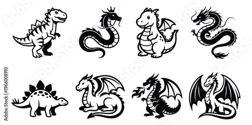 Cartoon icon set of 8 featuring dragons and dinosaurs with bold outlines including t-rex, stegosaurus and fantasy creatures for gaming and kids design