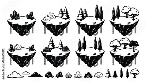 Cartoon icon set of 8 fantasy floating islands featuring trees, crystals and chains for game design