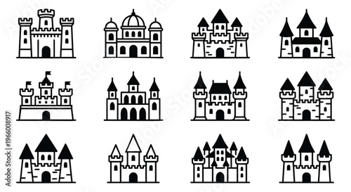 Outline icon set of 12 medieval castles featuring towers, battlements and fortress architecture for fantasy and game design