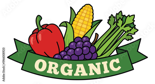 Cartoon illustration of organic vegetables depicting fresh produce with banner label for food and farming design