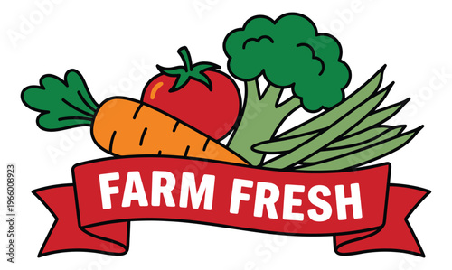 Cartoon illustration of farm fresh vegetables depicting a badge logo with carrot, tomato, broccoli and green beans for food and market design