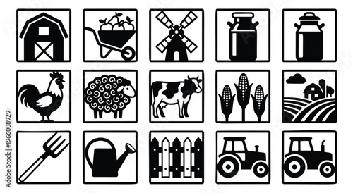 Silhouette icon set of 15 farm and agriculture symbols featuring barn, tractor, windmill, cow, sheep, rooster, corn and garden tools for rural design