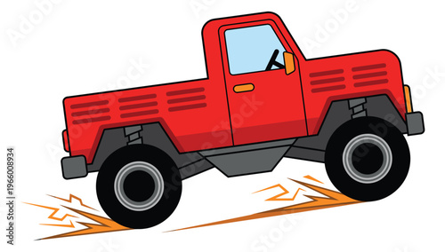 Cartoon illustration of a red pickup truck depicting fast off road driving for automotive and adventure design