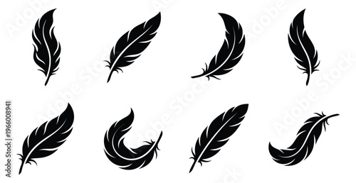 Silhouette icon set of 8 feathers featuring various bird plumes in different orientations for nature and writing design