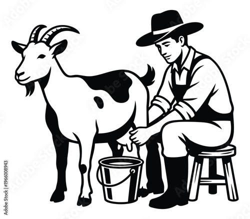 Woodcut illustration of farmer milking a goat depicting rural dairy farming activity for agriculture and food design