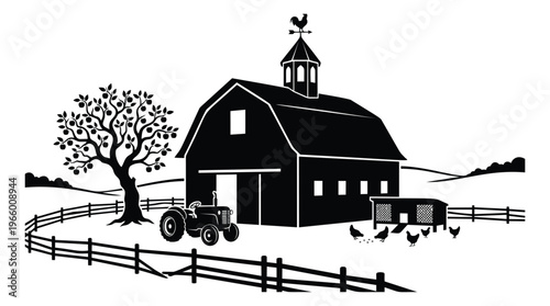 Silhouette illustration of a rural farm scene depicting a barn with tractor chickens and fence for country and agriculture design