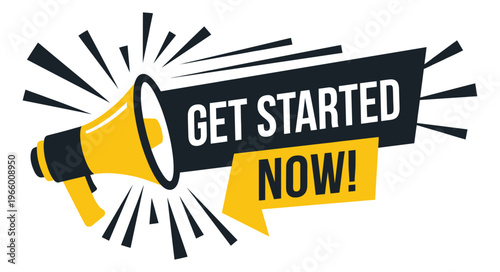 Flat illustration of a megaphone with get started now banner depicting a call to action for marketing and promotional design
