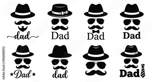 Silhouette icon set of 8 dad figures featuring fedora hats mustaches beards and sunglasses for fathers day design