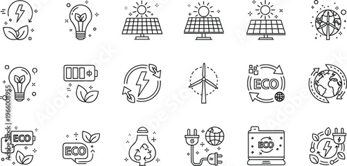 Eco-friendly Energy and Sustainability Icon Set Featuring Solar Power, Wind Energy, and Green Innovations