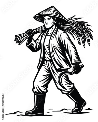 Woodcut illustration of Asian rice farmer depicting harvest worker carrying grain bundle for agriculture and cultural design