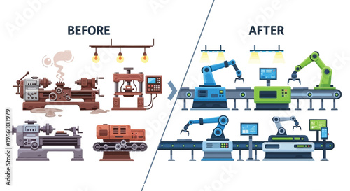 A visual comparison showcases the evolution of industrial machinery from older models to modern robotic automation silhouette high quality professional detailed