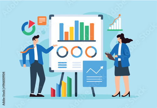 Data-driven decision making, business analysts interpreting complex datasets, strategic planning, and market analysis concept vector illustration. Team examining charts and graphs
