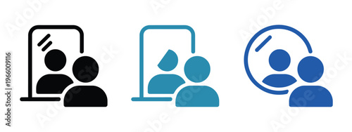 Three variations of a minimalist icon depicting a person looking into a circular or rectangular mirror