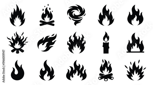 Silhouette icon set of 15 fire flames featuring campfire, candle, bonfire and burning symbols for heat and energy design
