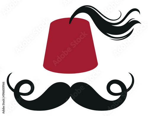 Flat illustration of a fez hat and mustache depicting Turkish cultural symbols for travel and ethnic design