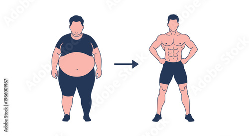 Visual depiction of weight loss transformation from obese to fit showcasing body changes with a distinct silhouette high quality professional detailed