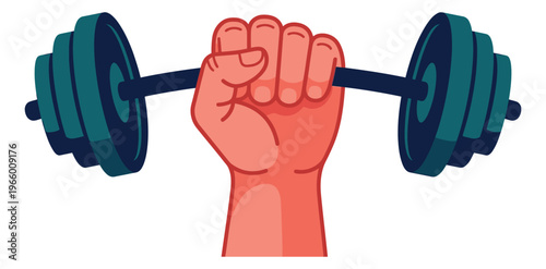 Cartoon illustration of a raised fist gripping a barbell depicting strength and weightlifting for fitness and sport design
