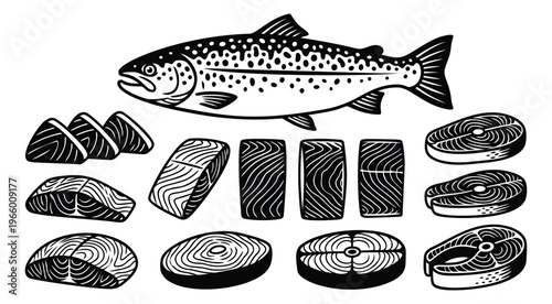 Woodcut icon set of 11 salmon cuts featuring whole fish, steaks, fillets and portions for seafood and restaurant design