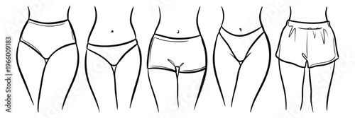 Line art set of 5 women underwear styles featuring bikini briefs boyshorts and shorts for fashion and lingerie design