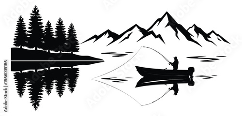 Silhouette illustration of fisherman in boat depicting peaceful lake scene with mountains and pine trees for outdoor and nature design