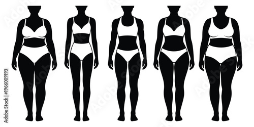 Silhouette set of 5 female body types featuring plus size and slim figures in underwear for body positive design