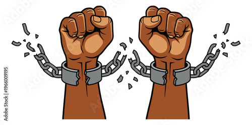 Cartoon illustration of raised fists breaking chains depicting freedom and liberation for social justice design