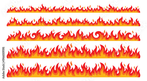 Cartoon banner set of 6 fire flames featuring repeating horizontal burning strips in red and orange for game and web design