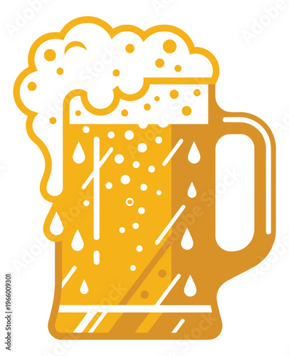 Flat illustration of a frothy beer mug depicting a cold golden lager with overflowing foam for pub and brewery design