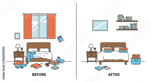 A colorful illustration contrasts a messy bedroom with a tidy one showcasing organization and cleanliness silhouette high quality professional detailed modern