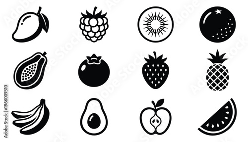 Flat icon set of 12 tropical and common fruits featuring mango, kiwi, strawberry, pineapple and avocado for food and nutrition design