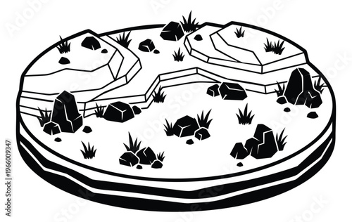 Cartoon illustration of a rocky terrain platform depicting a miniature landscape with stones and grass tufts for game and tabletop design