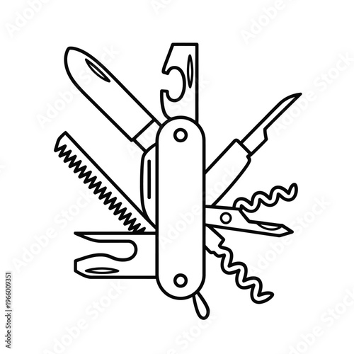 A detailed line drawing showcases an open swiss army knife with various tools extended high quality