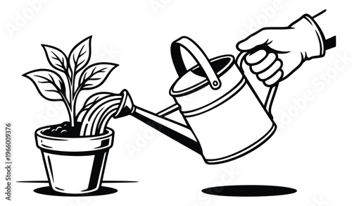 Cartoon illustration of a hand watering a potted plant depicting gardening care for nature and growth design