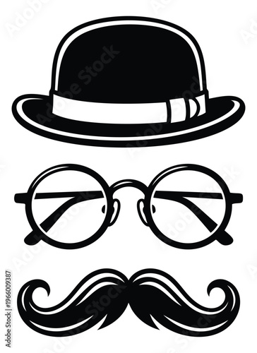 Silhouette illustration of gentleman accessories depicting bowler hat glasses and mustache for retro and vintage design