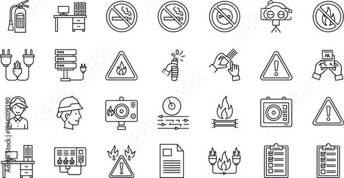 Electrical and Fire Safety Icon Set Featuring Workplace Hazards, Warning Signs, and Emergency Procedures