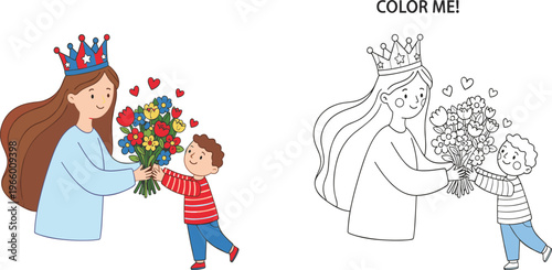  Little, boy, giving, flowers, to, mother, wearing, crown, bouquet, hearts, love, coloring, book, page, for, kids, vector, illustration, set, design