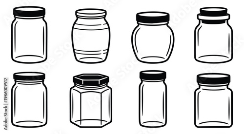 Outline icon set of 8 glass jars featuring various shapes and lid styles for food storage and packaging design