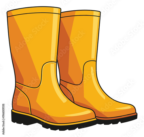 Cartoon illustration of yellow rubber rain boots depicting a pair of waterproof footwear for weather and outdoor design