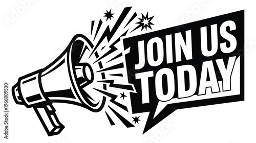 Bold cartoon illustration of a megaphone with speech bubble depicting join us today call to action for recruitment and marketing design