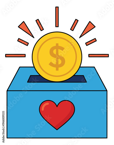 Cartoon illustration of a gold coin being inserted into a donation box depicting charitable giving for nonprofit and fundraising design