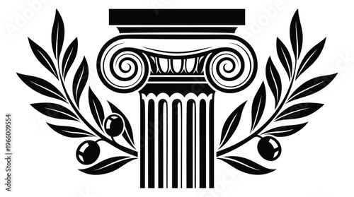 Flat silhouette illustration of ionic column with olive branches depicting ancient greek architecture for classical and historical design