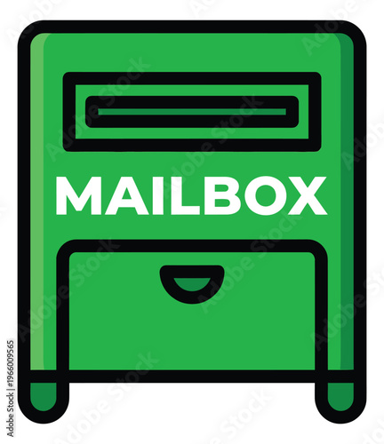 Cartoon illustration of a green mailbox depicting a postal letter slot and retrieval drawer for communication and delivery design
