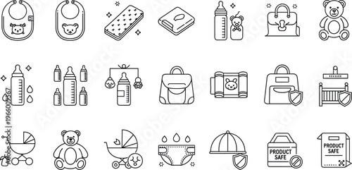 Baby Products and Essentials Icon Set Featuring Bottles, Bibs, Backpacks, and Safe Product Labels