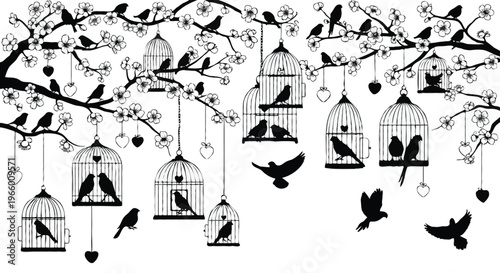 Decorative Cherry Blossom Branch Silhouette with Birds, Birdcages, and Hearts