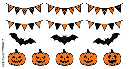 Flat icon set of 14 Halloween elements featuring jack o lanterns, bats and bunting flags for seasonal party design